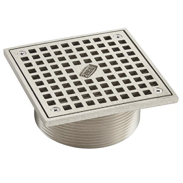 A Zurn polished nickel bronze square drain strainer with square openings.