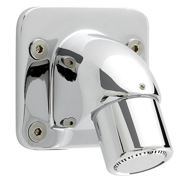 A Zurn chrome plated silver metal institutional shower head with screws.