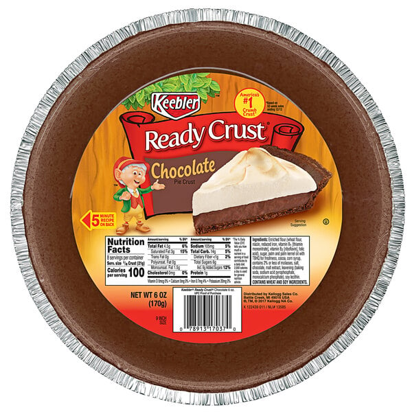 A chocolate Keebler Ready Crust pie shell with a slice of pie on a plate.