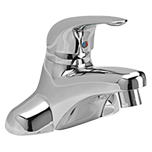 A silver Zurn single lever faucet with a red and blue button.