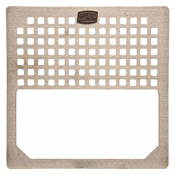 A Zurn nickel bronze half grate with a metal grid and holes.