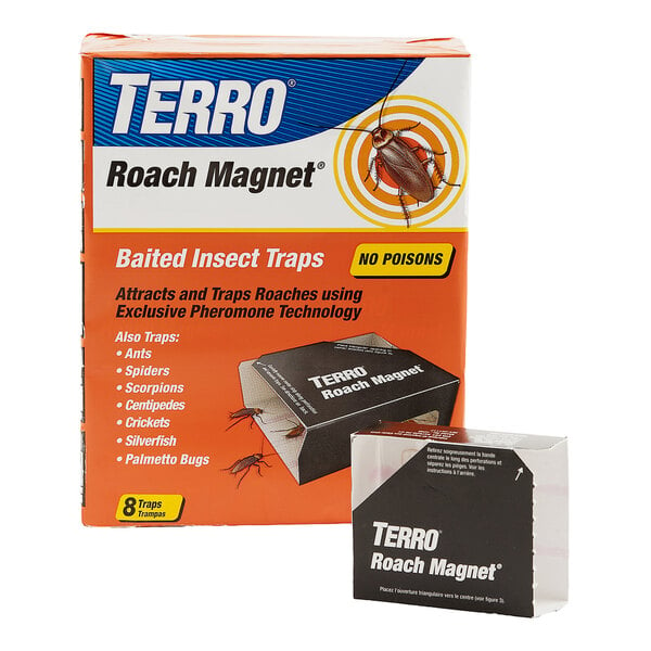 A black and white Terro box of roach traps on a counter.