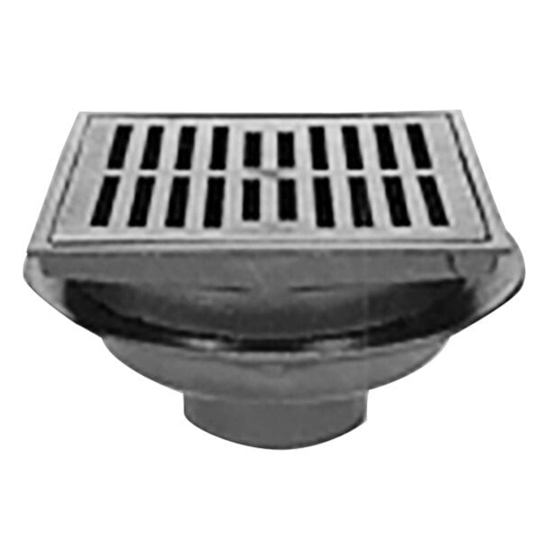 A Zurn heavy-duty floor drain with a square black metal cover.