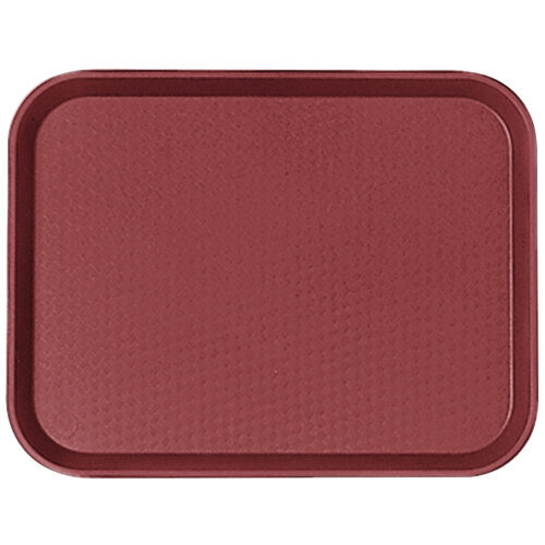 A close-up of a red Cambro fast food tray.