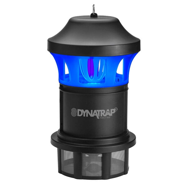 A black Dynatrap insect trap with blue light.