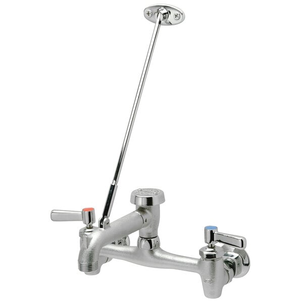 A Zurn wall mount mop sink faucet with a chrome finish, ceramic cartridges, and a vacuum breaker spout.