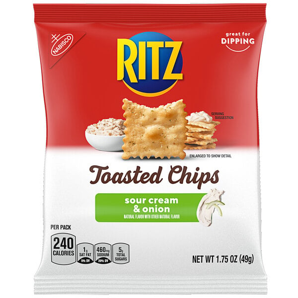 A bag of Nabisco Ritz Toasted Sour Cream and Onion chips with a label.