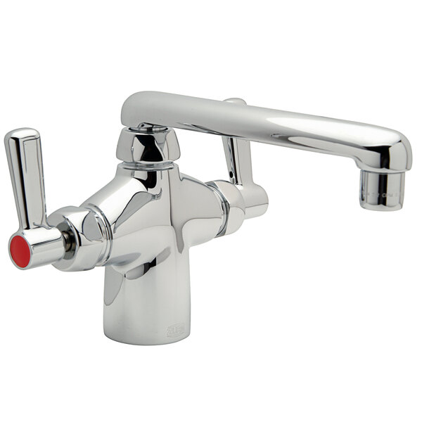 A silver Zurn AquaSpec laboratory faucet with red lever handles.
