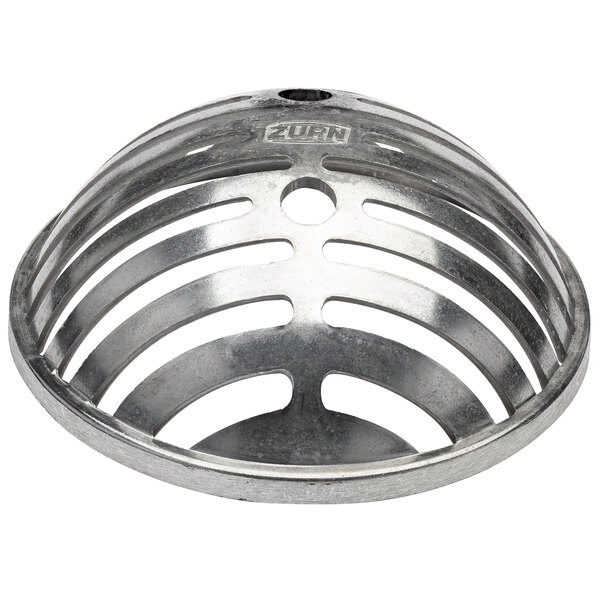 An aluminum dome bottom strainer with holes.
