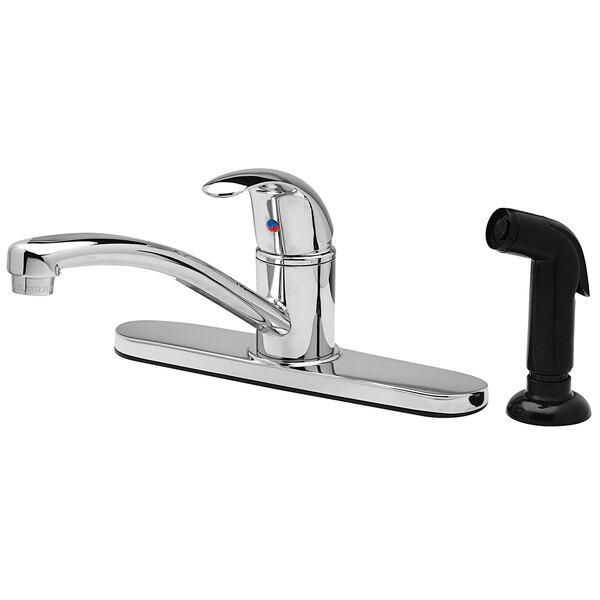 A Zurn Sierra chrome single lever faucet with black accents and a side spray on a counter.