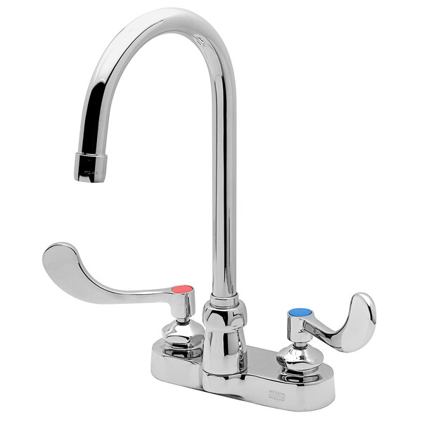 A Zurn deck-mount faucet with gooseneck spout and wrist handles.