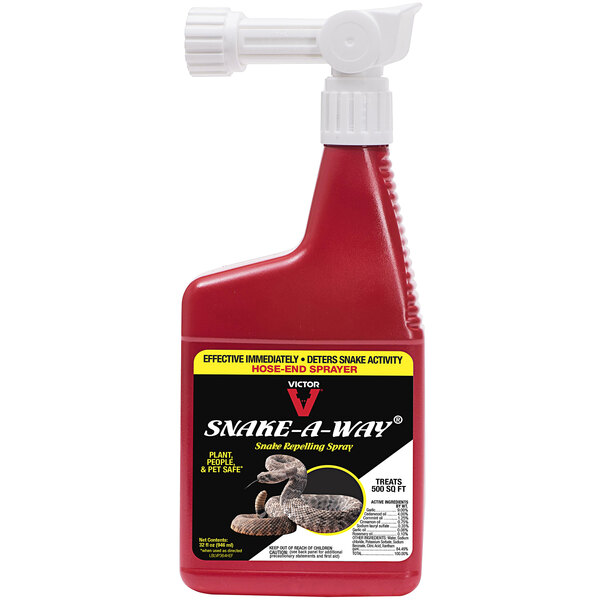 A red Victor Pest Snake-A-Way hose end spray bottle with a white label and handle.