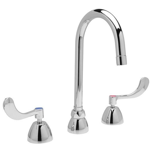 The widespread base of two Zurn deck-mount faucets with gooseneck spouts, ceramic cartridges, and wrist handles.