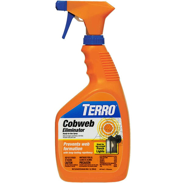 A close-up of a Terro Cobweb Eliminator spray bottle with a blue and white label.