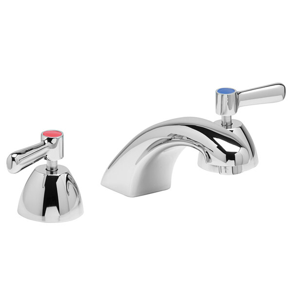 A Zurn deck-mount faucet with widespread base, 5" cast spout, and lever handles in chrome with blue and red accents.