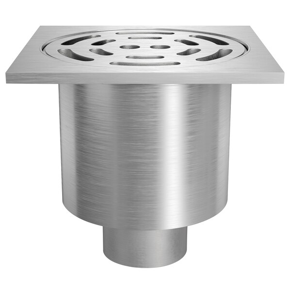 A Zurn stainless steel floor drain with a slotted circular grate over a hole.