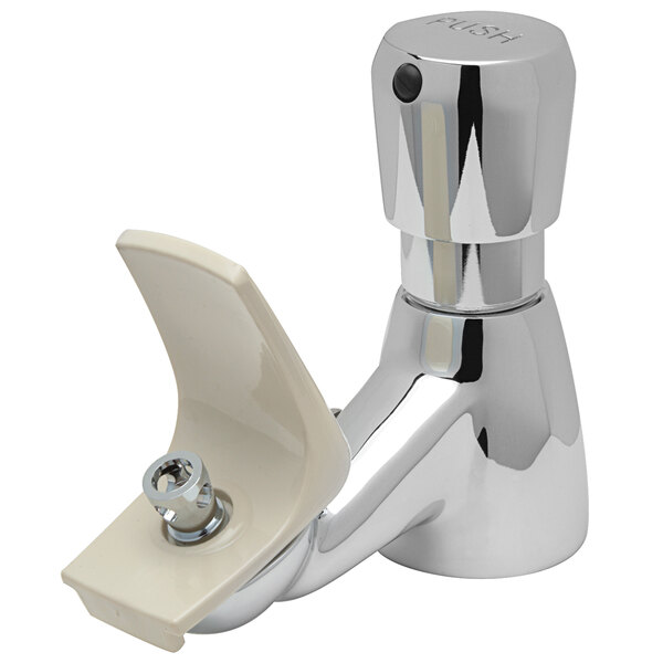 A Zurn chrome and white faucet with push handle.