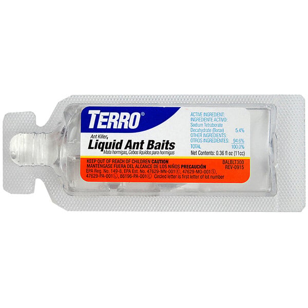 A label on a small bottle of Terro liquid ant bait.