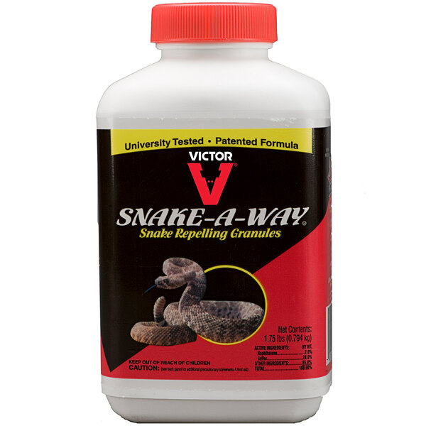 A white plastic container of Victor Pest Snake-A-Way Granular Snake Repellent with a black and red label.