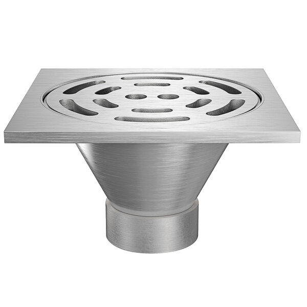 A Zurn stainless steel industrial floor drain with a round slotted grate.