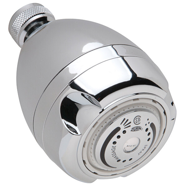 A Zurn chrome plated water saver shower head on a white background.