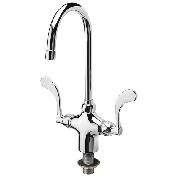A Zurn chrome laboratory faucet with gooseneck spout and wrist handles.
