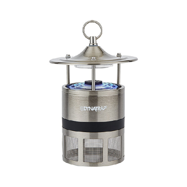 The round top of a metal Dynatrap Atrakta Sterling Mist flying insect trap with a blue light.