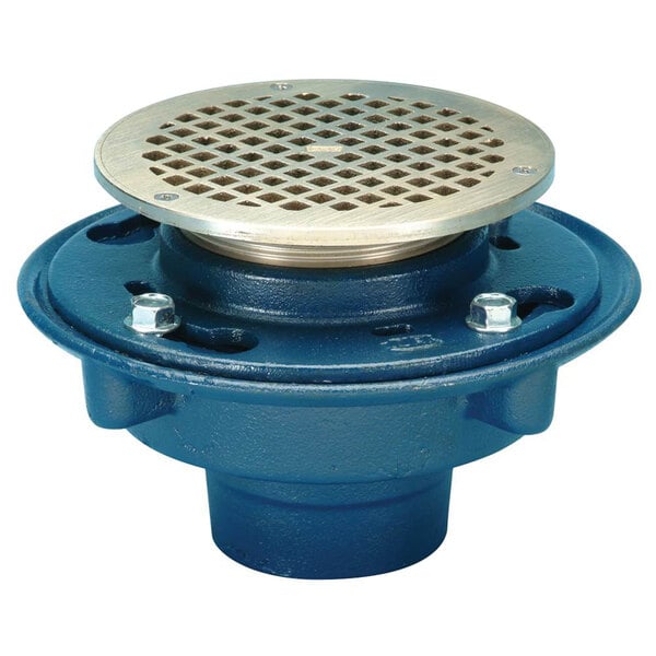 A blue and silver Zurn floor drain with a metal grate.