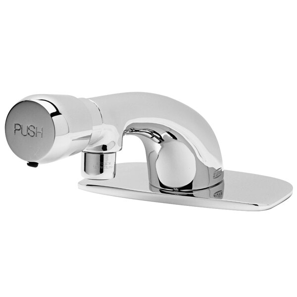 A Zurn AquaSpec metering faucet with a chrome finish and 6" deck plate.