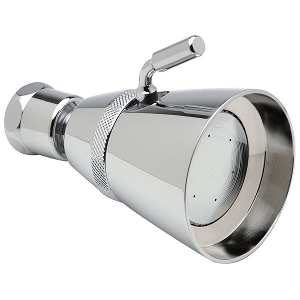 A Zurn brass shower head with a volume control handle.