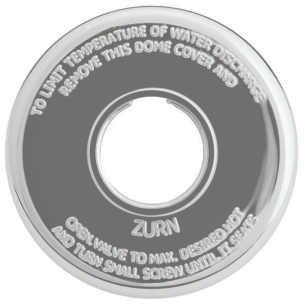 A round silver Zurn metal escutcheon with text around a hole.