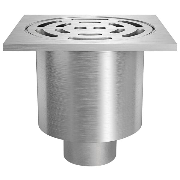 A Zurn stainless steel floor drain with a slotted grate over a circular hole.