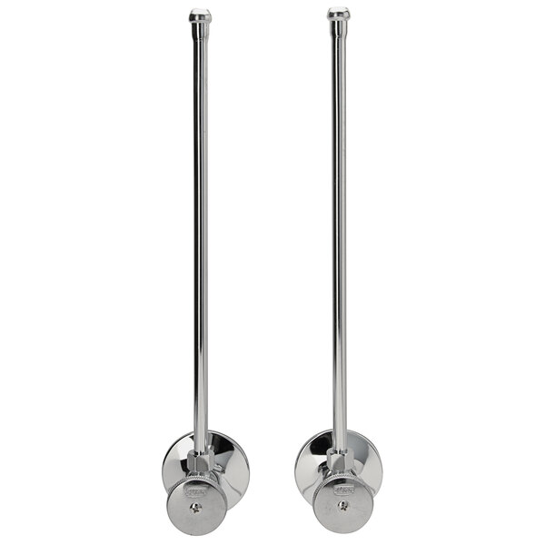 Two Zurn chrome metal wheel handle angle stops with copper risers and flanges.
