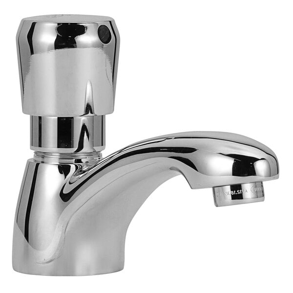 A Zurn chrome deck mount metering faucet with a single handle and cover plate.