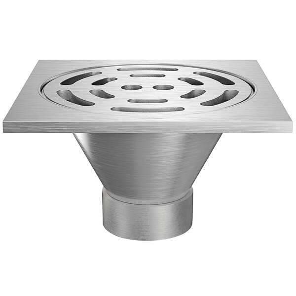 A Zurn stainless steel floor drain with a slotted grate over a circular hole.