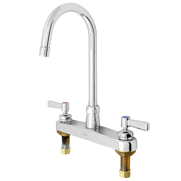 A silver Zurn deck-mount faucet with two lever handles.