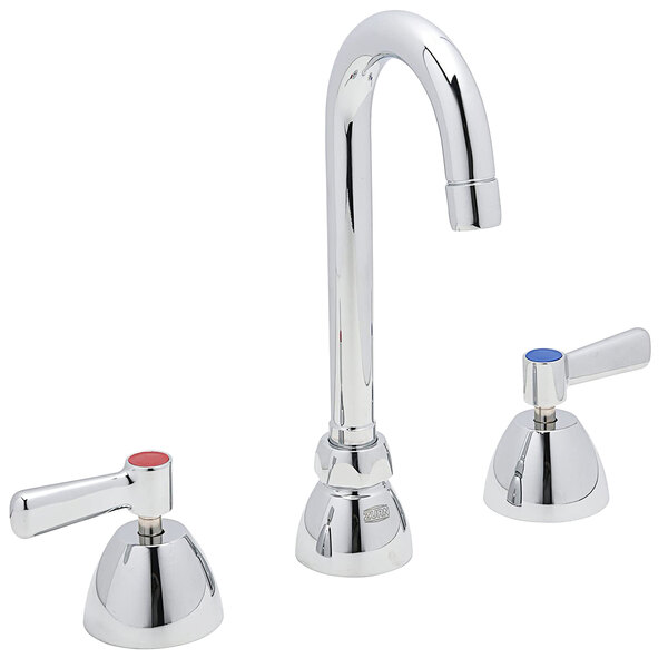 A Zurn deck-mount faucet with a chrome base and gooseneck spout on a counter.