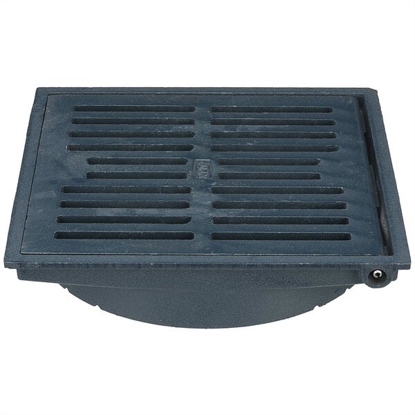 A Zurn square black metal grate for a floor drain.