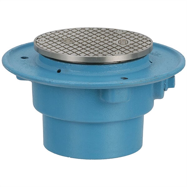 A blue round metal drain with a silver lid.