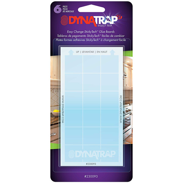 A package of 10 clear DynaTrap StickyTech glue cards with a blue grid.