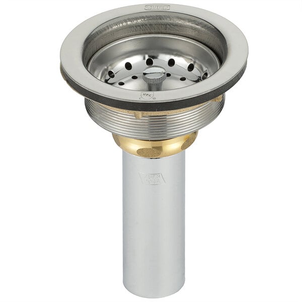 A Zurn stainless steel sink drain with a basket strainer and tailpiece.