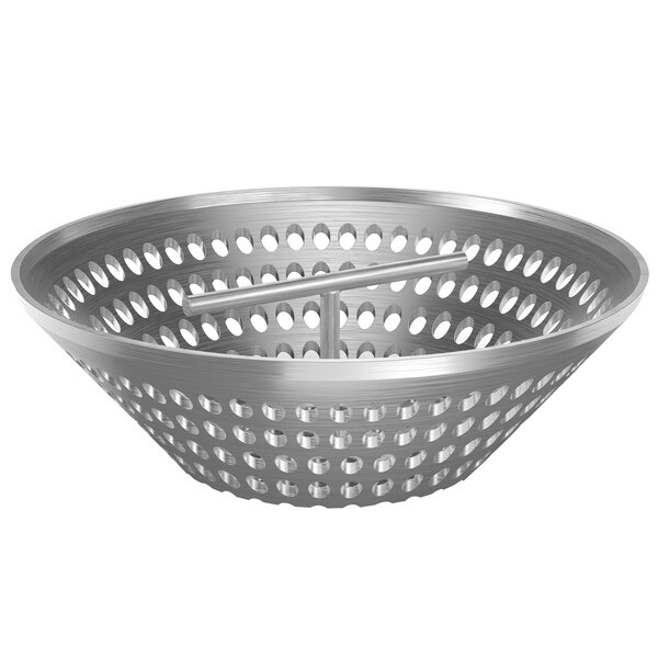 A silver metal bowl with holes.