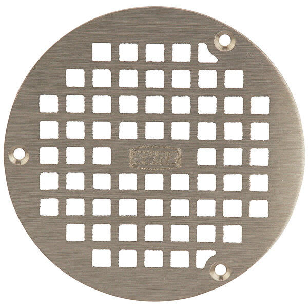 A Zurn polished nickel bronze circular metal drain cover with holes on a white background.
