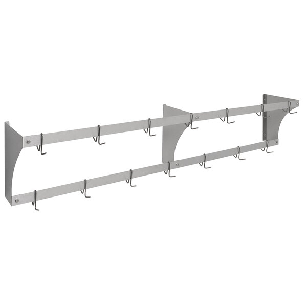 An aluminum Eagle Group wall-mounted pot rack with hooks.