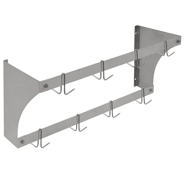 An aluminum wall-mounted rack with hooks.