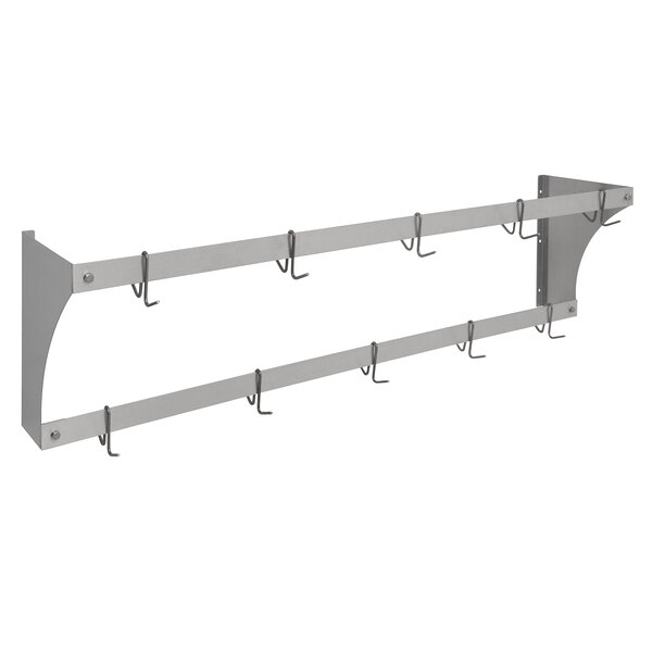 An Eagle Group aluminum wall-mounted rack with hooks for pans and pots.