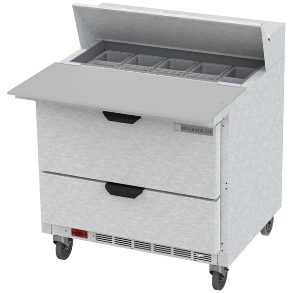 A white Beverage-Air refrigerated sandwich prep table with 2 drawers and a cutting board.
