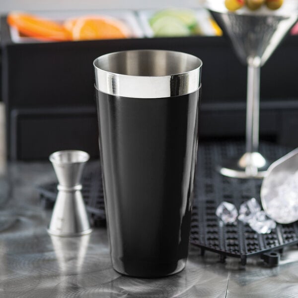 A black and silver Tablecraft cocktail shaker tin on a counter.
