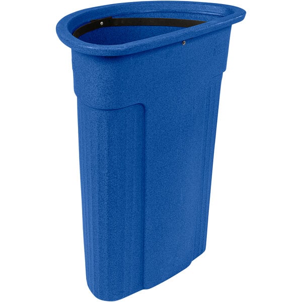 A blue Toter half round commercial trash can.