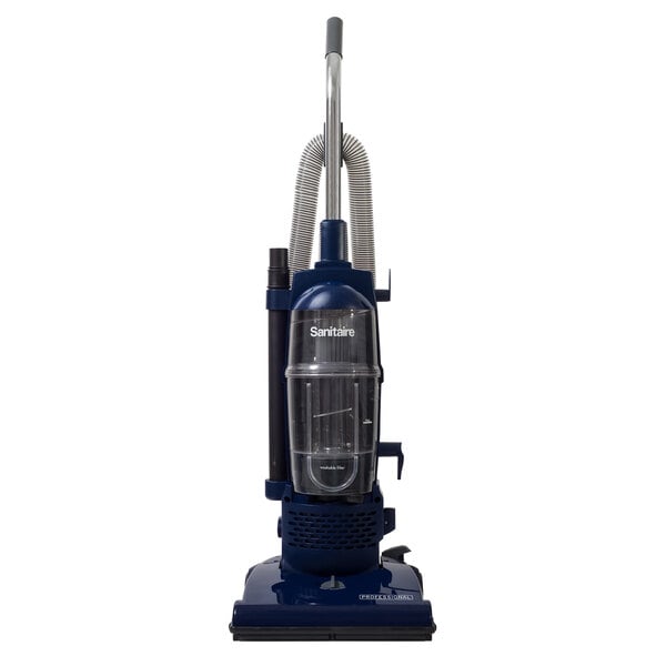 A blue Sanitaire bagless upright vacuum cleaner with a black handle.
